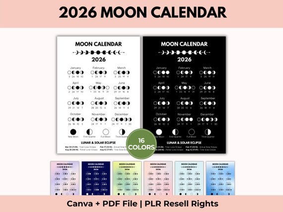 2026 Moon Phases Calendar, Lunar Calendar, Astrology Calendar