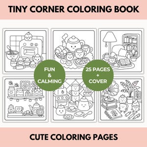 Pode incluir: Um livro de colorir Tiny Corner com seis ilustra&ccedil;&otilde;es em preto e branco de cenas fofas de cozinha e sala de estar. O livro inclui o texto "Fun & Calming" e "25 Pages + Cover" em c&iacute;rculos verdes e "Cute Coloring Pages" na parte inferior.