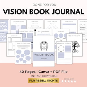 Vision Book Journal mit PLR Wiederverkaufsrechten, Vision Board Digital Book, Dream Manifestation, Self-Care Worksheet, Canva Template + PDF DATEI