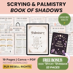 May include: Digital grimoire and witchy workbook set. The image features two tablets displaying pages on palmistry and a 2026 witchy workbook. Additional pages cover scrying, interpreting visions, and hand shapes. The text includes "Book of Shadows" and "Instant Download."