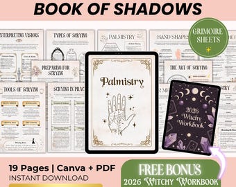 May include: Digital grimoire and witchy workbook set. The image features two tablets displaying "Palmistry" and "2026 Witchy Workbook" with illustrations. Additional pages detail scrying, palmistry, and related topics. Includes 19 pages and a free 53-page bonus.