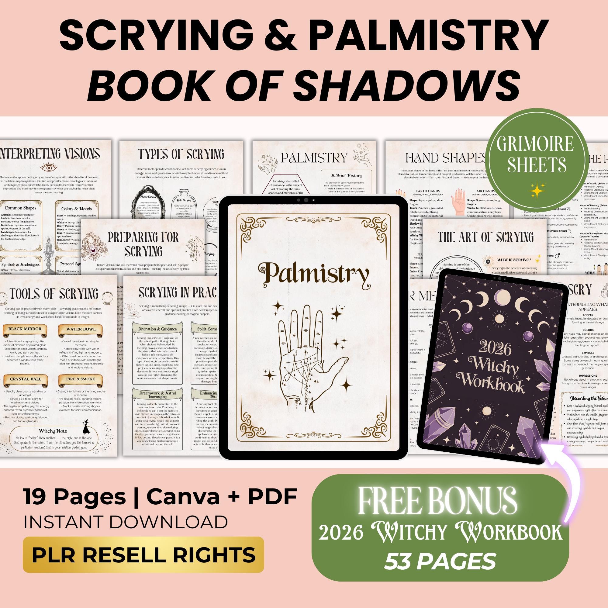 Scrying and Palmistry Guide, Grimoire Pages for Book of Shadows, Canva ...