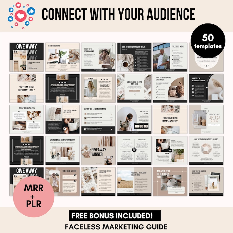 Peut inclure: Graphique promotionnel avec le texte "CONNECTEZ-VOUS AVEC VOTRE PUBLIC" et "50 mod&egrave;les". L'image pr&eacute;sente une grille de mod&egrave;les marketing avec le texte "GIVE AWAY", "TITLE GOES HERE" et "FREE BONUS INCLUDED! FACELLESS MARKETING GUIDE."