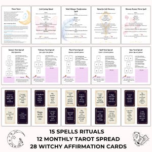 May include: A collection of spiritual tools including 15 spell rituals, 12 monthly tarot spreads, and 28 witchy affirmation cards. The image features various cards and pages with text and illustrations, all in a soft, pastel color palette.