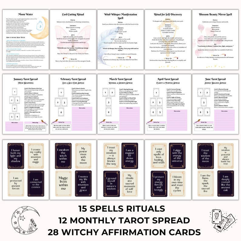 May include: A collection of spiritual tools including 15 spell rituals, 12 monthly tarot spreads, and 28 witchy affirmation cards. The image features various cards and pages with text and illustrations, all in a soft, pastel color palette.