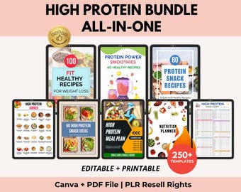 High-Protein Recipes Bundle, Meal Plan, Cookbook, Food Chart, Protein Guide, Canva + PDF, PLR Resell Rights