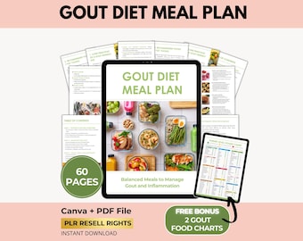 May include: A digital Gout Diet Meal Plan displayed on a tablet, with the title in green. The image includes a variety of healthy meal options. Additional pages and a smaller tablet with a food chart are also visible. The plan includes 60 pages and offers PLR resell rights.