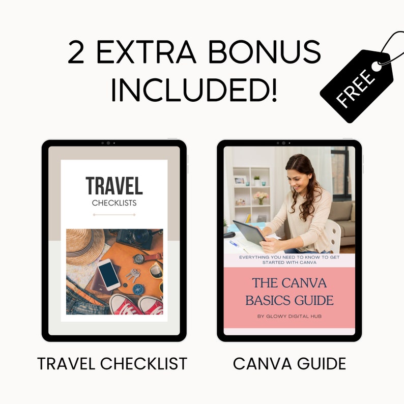 May include: Two digital downloads, a travel checklist and a Canva basics guide. The travel checklist has a photo of a hat, camera, sunglasses, and a compass. The Canva guide has a photo of a woman using a laptop. Both downloads are free.