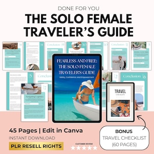 Solo Female Travel eBook Guide with PLR/MRR Resell Rights, PLR Travel Blogger, Solo Travel Tips, Travel Ebook, Done for You, Canva Template