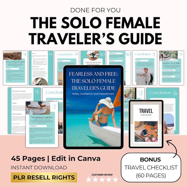 May include: A digital product cover for a guide titled "Fearless and Free: The Solo Female Traveler's Guide". The cover features a woman in a swimsuit on a boat in a tropical setting. The guide is 45 pages long and includes a bonus travel checklist.
