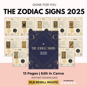 Guide de correspondance du zodiaque 2025 avec droit de revente DPP, thème astral, élément, cristaux, chakra, tarot, livre des ombres, modèle sur toile