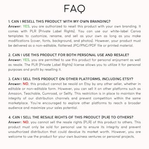 May include: White background with the heading "FAQ" and four numbered questions with answers. The questions address reselling, personal use, selling on other platforms, and resale rights of the product.