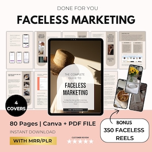 May include: A digital product mockup featuring a tablet displaying a guide titled "The Complete Guide to Faceless Marketing: A step-by-step guide to earning passive income without showing your face." The guide is designed for introverts and includes 80 pages, Canva and PDF files, and a bonus of 350 faceless reels. The mockup is surrounded by smaller images of phones and other digital devices.