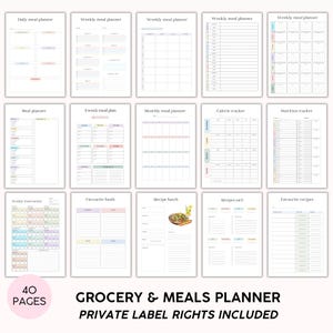 May include: A printable meal planner with 40 pages, including daily, weekly, and monthly meal planners, calorie and nutrition trackers, recipe cards, and favorite food lists. The planner has a light blue, pink, and green color scheme.