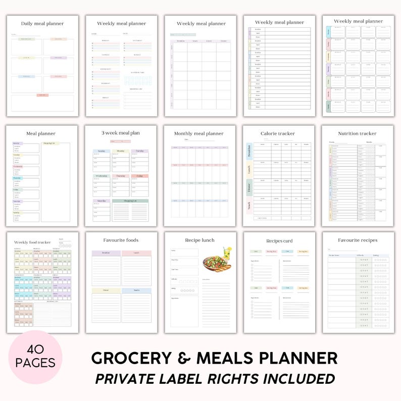 May include: A printable meal planner with 40 pages, including daily, weekly, and monthly meal planners, calorie and nutrition trackers, recipe cards, and favorite food lists. The planner has a light blue, pink, and green color scheme.