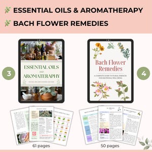 Pu&ograve; includere: Immagine con due guide digitali: "Oli essenziali e aromaterapia" e "Rimedi floreali di Bach". La prima guida mostra bottiglie di oli essenziali. La seconda guida presenta illustrazioni floreali. Sotto sono visibili pagine di ogni guida, con 61 e 50 pagine.