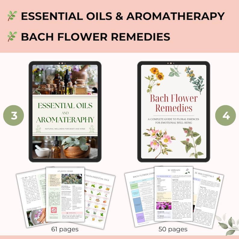 Pu&ograve; includere: Immagine con due guide digitali: "Oli essenziali e aromaterapia" e "Rimedi floreali di Bach". La prima guida mostra bottiglie di oli essenziali. La seconda guida presenta illustrazioni floreali. Sotto sono visibili pagine di ogni guida, con 61 e 50 pagine.