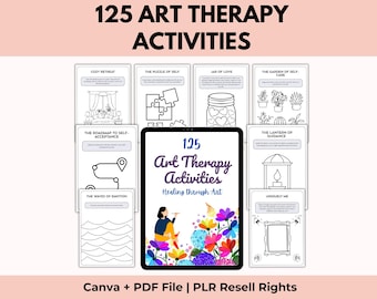 Pode incluir: Um produto digital intitulado "125 Atividades de Arteterapia" com uma ilustração colorida de uma pessoa pintando. O produto inclui uma coleção de exercícios de arteterapia para impressão, com o texto "Curando através da Arte".
