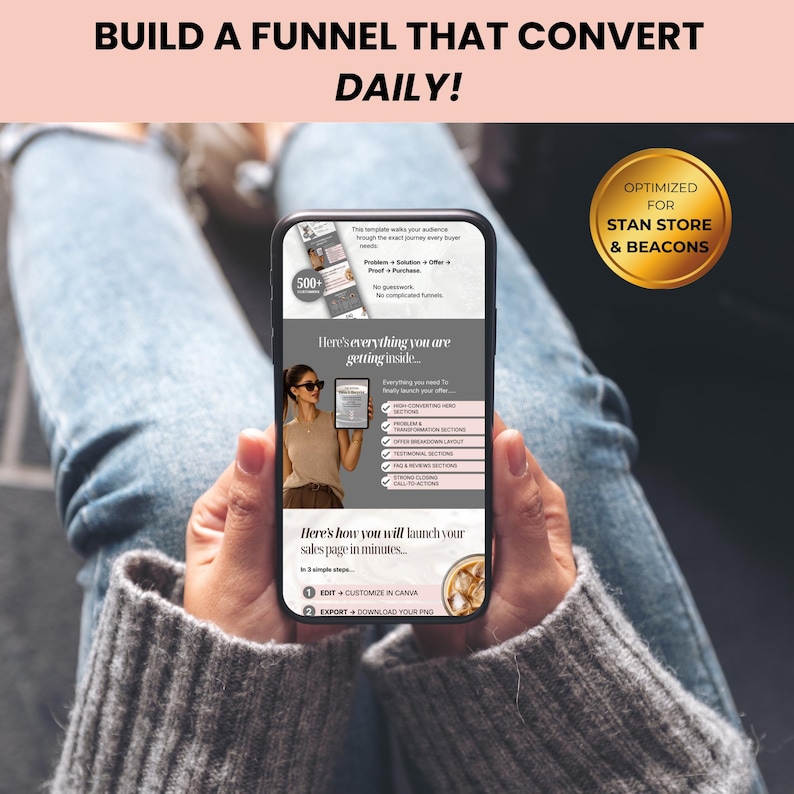 Peut inclure: Un smartphone affiche un mod&egrave;le de page de vente avec le texte "BUILD A FUNNEL THAT CONVERT DAILY!". L'&eacute;cran montre une femme tenant une tablette, avec les mots "Here's everything you are getting inside..." et "OPTIMIZED FOR STAN STORE & BEACONS".