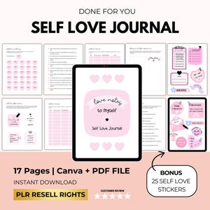 Self Love Journal with PLR Resell Rights, Self-Care Journal, Mental Health Workbook, Affirmation Journal, Canva Editable Printable  Template