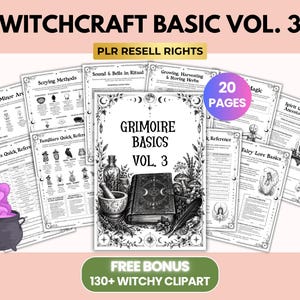 以下が含まれることがあります： Witchcraft Basic Vol. 3と題された印刷ページのコレクションで、PLR再販権付きです。中央のページにはグリモワールのイラスト、乳鉢、ハーブが描かれています。他のページでは占い、タロット、神々などのトピックを扱っており、20ページのバッジと130以上のクリップアートに関する注記が含まれています。