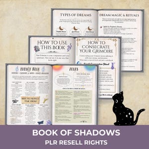 May include: An open book titled "Book of Shadows" with the text "PLR Resell Rights" at the bottom. The book's pages display information on dreams, rituals, and energy work. A black cat silhouette with stars is on the right.