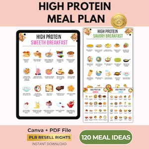 High Protein Meal Plan, 120 Rezepte, Low Carb Keto, Lebensmittelliste, Canva + PDF, PLR Resell Rechte Bild 1