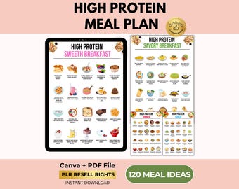 Plan de comidas rico en proteínas, 120 recetas, dieta cetogénica baja en carbohidratos, lista de la compra, Canva + PDF, derechos de reventa PLR