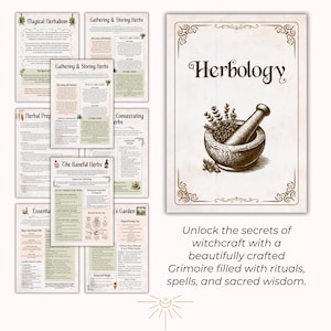 May include: A collection of pages with text and illustrations on herbalism and witchcraft. The cover of the book reads "Herbology" with an illustration of a mortar and pestle. The text "Unlock the secrets of witchcraft..." is also visible.