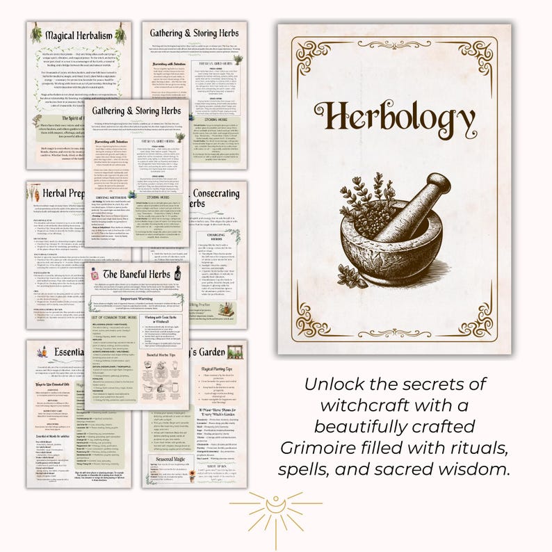 May include: A collection of pages with text and illustrations on herbalism and witchcraft. The cover of the book reads "Herbology" with an illustration of a mortar and pestle. The text "Unlock the secrets of witchcraft..." is also visible.