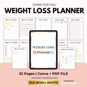 Digitale planner voor gewichtsverlies met PLR doorverkooprecht, gewichtsverliestracker, dagboek voor gewichtsverlies, maaltijdplanner, lichaamsmeting, canvassjabloon
