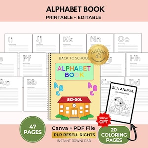 Afdrukbaar alfabetboek voor kinderen, werkblad brieven, kleuterschool, canva + pdf, PLR