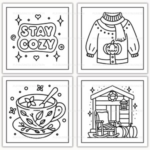 Op de afbeelding: Vier zwart-wit illustraties. E&eacute;n toont de tekst "STAY COZY". Een andere toont een trui met een pompoen. Een theekopje met een lepel staat in de derde. De laatste toont een veranda met pompoenen.