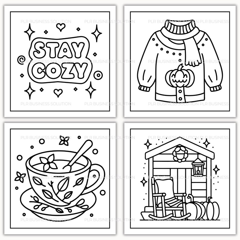 Op de afbeelding: Vier zwart-wit illustraties. E&eacute;n toont de tekst "STAY COZY". Een andere toont een trui met een pompoen. Een theekopje met een lepel staat in de derde. De laatste toont een veranda met pompoenen.