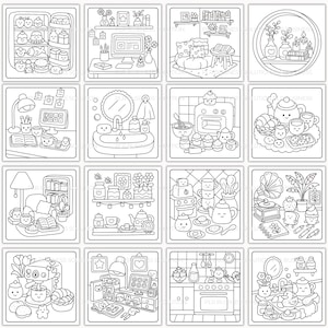 Pode incluir: Uma cole&ccedil;&atilde;o de ilustra&ccedil;&otilde;es em preto e branco com v&aacute;rias cenas dom&eacute;sticas. Cada quadrado mostra um cen&aacute;rio diferente, incluindo uma cozinha, uma secret&aacute;ria, uma sala de estar e uma casa de banho, tudo num estilo de desenho animado.