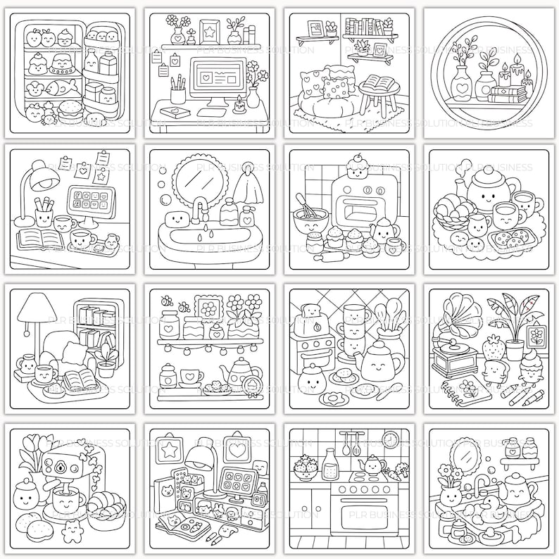 Pode incluir: Uma cole&ccedil;&atilde;o de ilustra&ccedil;&otilde;es em preto e branco com v&aacute;rias cenas dom&eacute;sticas. Cada quadrado mostra um cen&aacute;rio diferente, incluindo uma cozinha, uma secret&aacute;ria, uma sala de estar e uma casa de banho, tudo num estilo de desenho animado.