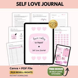 Op de afbeelding: Een digitaal zelfliefde journal met een roze en wit ontwerp. Het journal bevat pagina's voor dagelijkse notities, affirmaties en uitdagingen. De tekst "love notes to myself" staat op de cover. Inclusief 25 bonus zelfliefde stickers.
