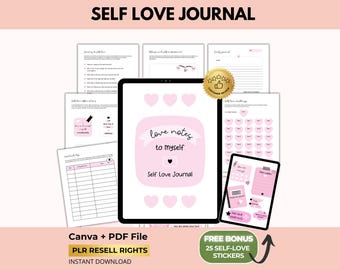 Self Love Journal, Mental Health, Canva Template, PLR Resell Rights (PDF + Stickers)