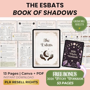 Peut inclure: Téléchargement numérique de "The Esbats Book of Shadows" avec "Grimoire Sheets" et un "2026 Witchy Workbook". L'image présente une tablette avec le titre et un dessin de mains tenant une lune et des cristaux. Comprend 13 pages et Canva + PDF.
