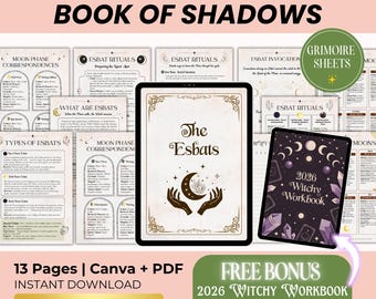 May include: Digital download of "The Esbats Book of Shadows" with "Grimoire Sheets" and a "2026 Witchy Workbook." The image features a tablet with the title and a design of hands holding a crescent moon and crystals. Includes 13 pages and Canva + PDF.