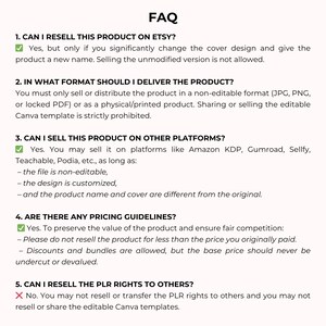 Op de afbeelding: Een wit document met de titel "FAQ" met genummerde vragen en antwoorden. De tekst behandelt het doorverkopen van producten op Etsy, acceptabele bestandsformaten, verkopen op andere platforms, prijsrichtlijnen en PLR-rechten.
