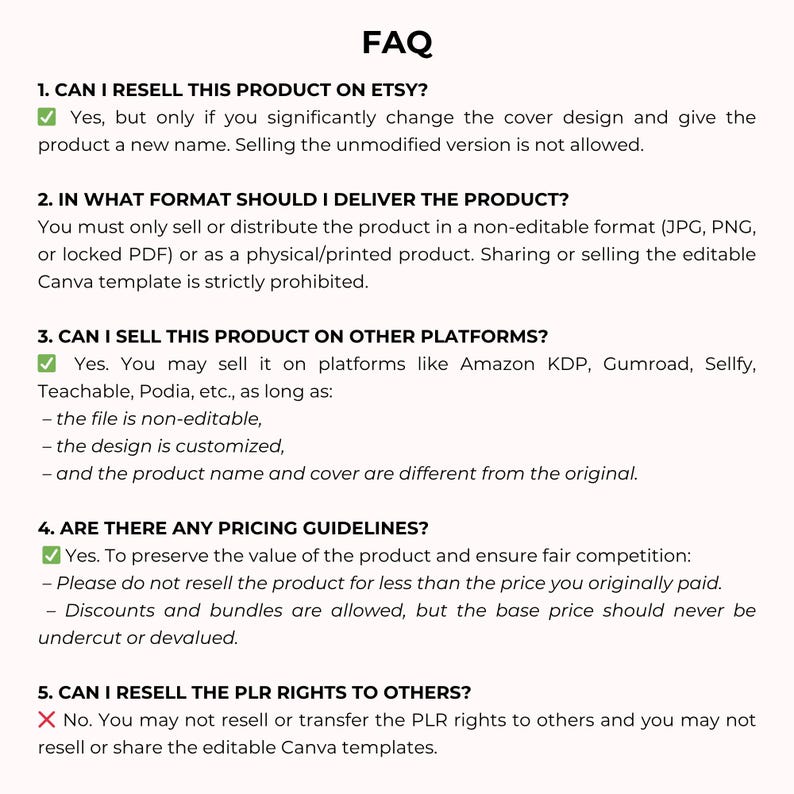 Op de afbeelding: Een wit document met de titel "FAQ" met genummerde vragen en antwoorden. De tekst behandelt het doorverkopen van producten op Etsy, acceptabele bestandsformaten, verkopen op andere platforms, prijsrichtlijnen en PLR-rechten.