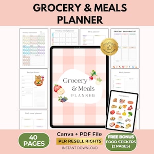 Planificador de compras y comidas, registro de calorías, pegatinas de comida, Canva + PDF, derechos de reventa PLR