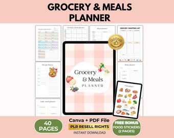 Grocery & Meal Planner, Calories Food Tracker, Food Stickers Bonus, Canva + PDF, PLR Resell Rights