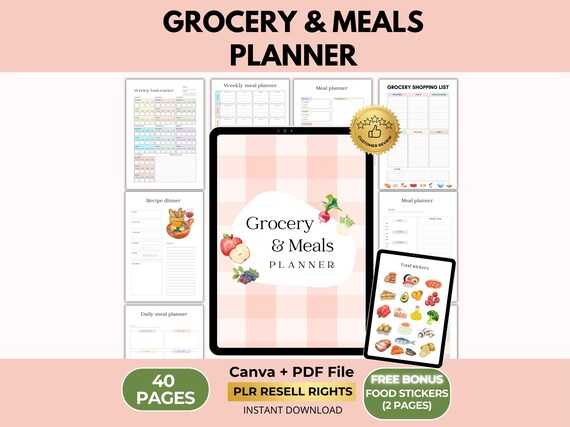 Digital Meal Planner and Grocery List with PLR Resell Rights, Food Journal, Calories Tracker, Weekly and Daily Meal Plan, Canva + PDF