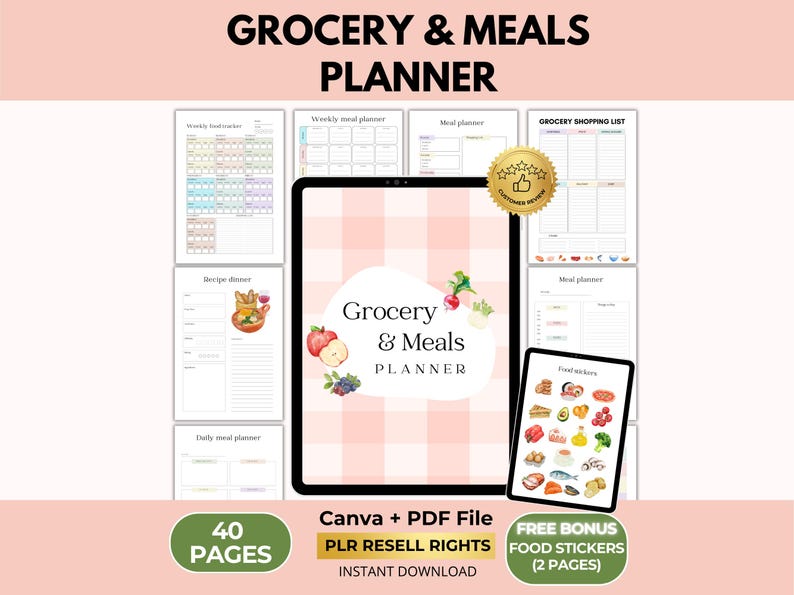 Grocery & Meal Planner, Calories Food Tracker, Food Stickers Bonus, Canva + PDF, PLR Resell Rights image 1