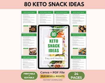 80 Keto Snack Ideas, Ketogenic Recipes, Low Carb and Sugar Cookbook, Canva + PDF, PLR Resell Rights