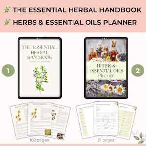 Pu&ograve; includere: Set di pianificatore e manuale digitale. The Essential Herbal Handbook e Herbs & Essential Oils Planner sono visualizzati su tablet. Il manuale presenta illustrazioni botaniche e il pianificatore include modelli. Il set include 102 e 21 pagine.