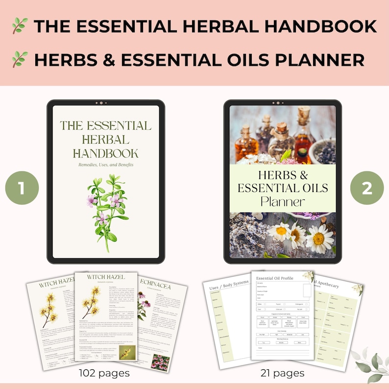 Pu&ograve; includere: Set di pianificatore e manuale digitale. The Essential Herbal Handbook e Herbs & Essential Oils Planner sono visualizzati su tablet. Il manuale presenta illustrazioni botaniche e il pianificatore include modelli. Il set include 102 e 21 pagine.