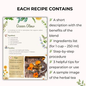 Pode incluir: Um cart&atilde;o de receita para o ch&aacute; "Green Glow", com uma mistura revitalizante para a pele e uma desintoxica&ccedil;&atilde;o suave. O cart&atilde;o inclui ingredientes, um procedimento passo a passo e dicas. Uma imagem mostra uma x&iacute;cara de ch&aacute;.